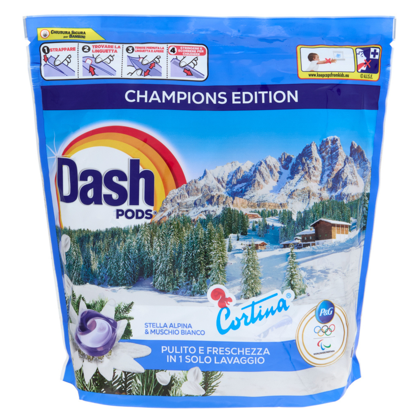 Detersivo Lavatrice Pods - Dash - Champions Edition Cortina - Stella Alpina e Muschio Bianco - 60lav